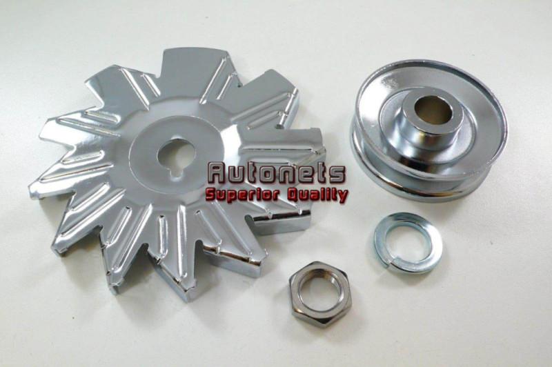 Universal fit chrome steel alternator pulley fan with single groove pulley