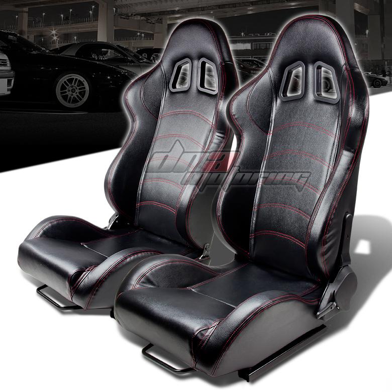 X2 t1 pvc leather black red stitches fully reclinable racing seat/seats+sliders