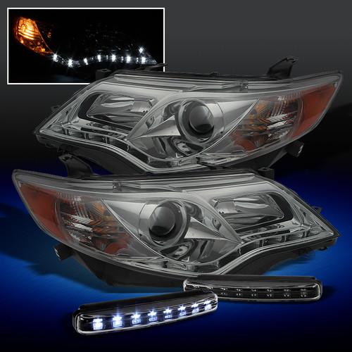 12-13 toyota camry drl led strip projector smoked headlights+led running lights