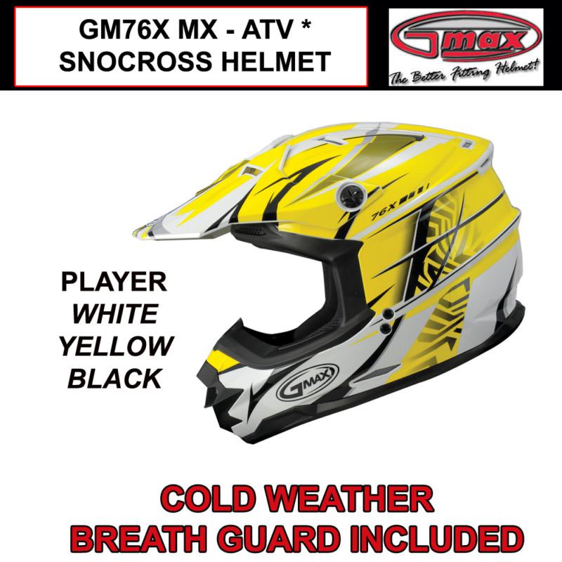 Gmax gm76x 2013 mx atv snocross helmet player yellow (s,m,l,xl,2x,3x) nib