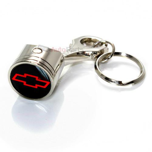 Chevy red bowtie logo chrome metal piston key chain ring fob - official licensed