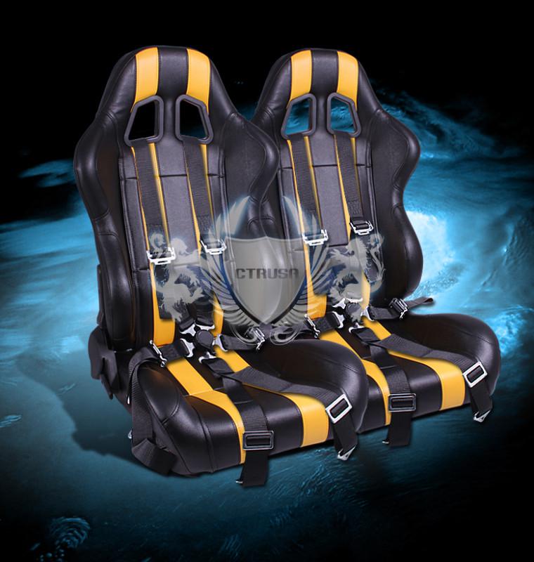 2x blk/yellow stripe pvc leather racing bucket seats + 6-pt camlock strap pair