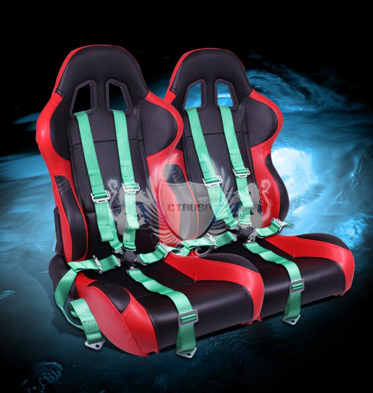 2x jdm f1 black/red turino sport racing seats w/sliders+5-pt green camlock belt