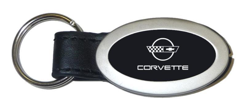 Chevrolet chevy corvette c4 black oval leather key chain ring tag logo lanyard