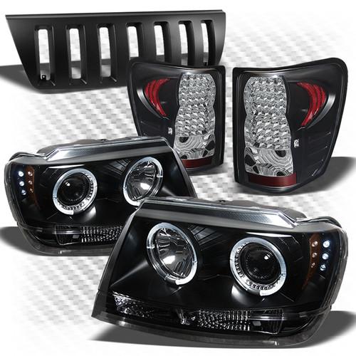 99-04 grand cherokee black projector headlights + led tail lights + front grille