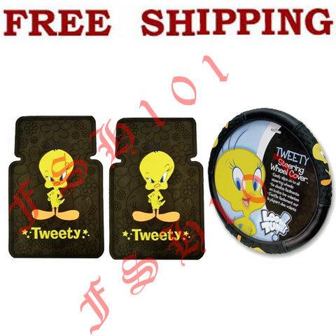 New 3pc set looney tunes stars tweety bird steering wheel cover & floor mats