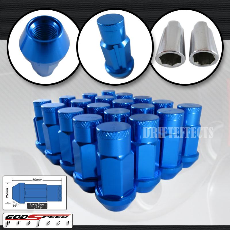 Gsp t-4 wheel rim racing long lug nuts 50mm 20 piece w/ lock m12 x 1.5 blue jdm