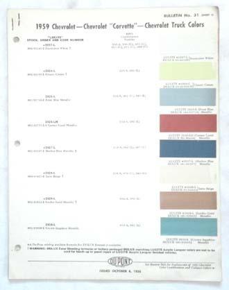 1959 chevrolet  dupont   color paint chip chart all models original 