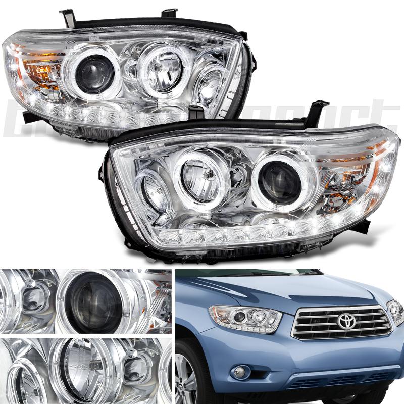 08-10 toyota highlander led drl strip halo chrome projector head lights lamps