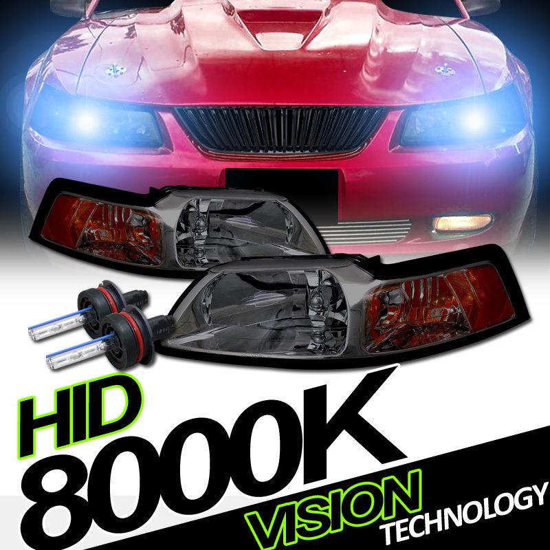 99-04 mustang v6/gt/cobra/mach i smoke lens headlights w/ amber+8000k xenon hid