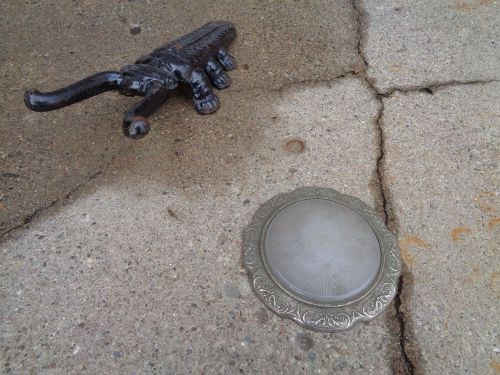 Vintage interior &#034;dome light cover?&#034; w/ornate metal &amp; glass trim old piece good