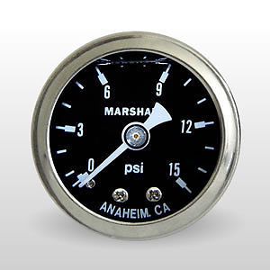 Marshall gauge 0-15 psi 1.5&#034; diameter liquid 1/8&#034; npt black fuel pressure gauge