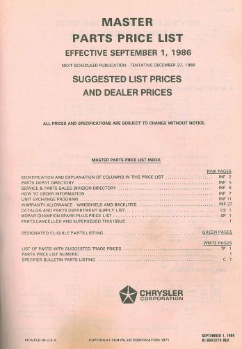 Chrysler/mopar master parts price list/book 1986 2&#034; thick nos dealer prices