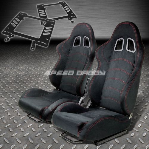 Pair type-1 reclining black suede racing seat+bracket for 79-98 ford mustang