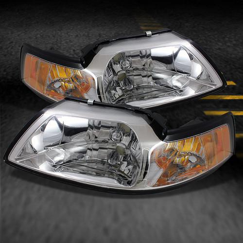 99-04 ford mustang sport amber chrome crystal headlights lamps left+right pair