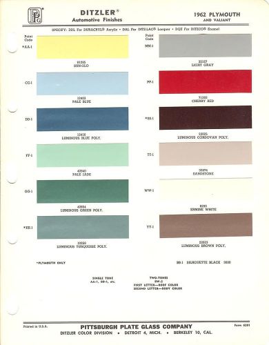 1962 plymouth and valiant auto line paint chips sheet (ppg)