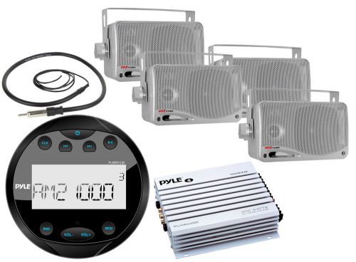 Pyle round amfm bluetooth boat radio, 3.5&#034; box speakers, antenna, 400w amplifier