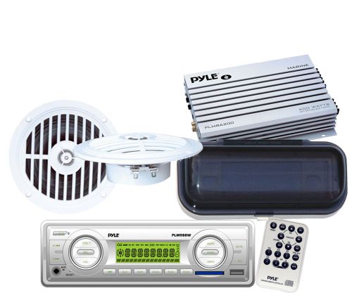 Pyle white marine boat usb mp3 input stereo /2 white speakers /220w amp + cover