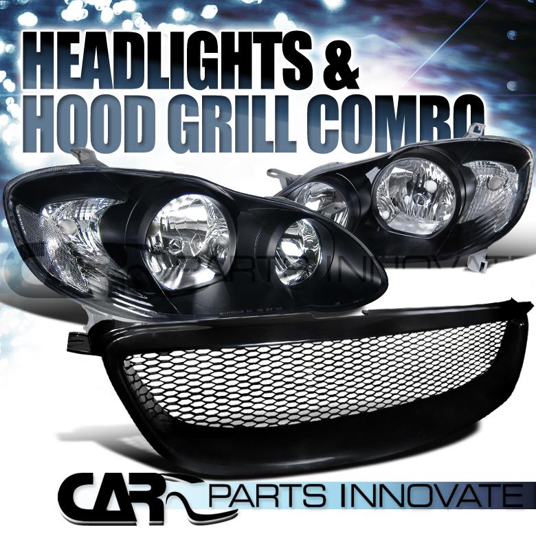 2003-2008 toyota corolla black headlights+abs type mesh hood grill r