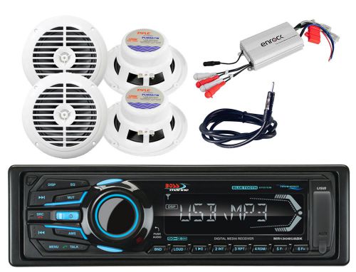 Antenna,amplifier,4 white 6.5&#034; speakers&amp;boss usb bluetooth ipod aux boat  radio