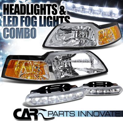 1999-2004 ford mustang chrome crystal headlights lamp+led fog bumper drl