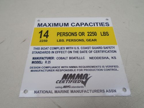 Cobalt r25 boat 452817 maximum capacities plaque marine