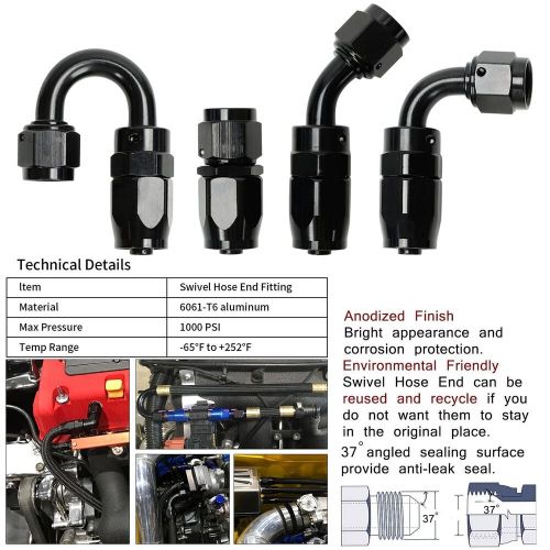 4pcs 6an an6 -6an 90 degree black swivel fuel oil hose end fittings adapter