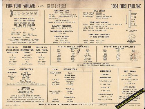 1964 ford fairlane 6 cylinder 170/200 ci engine car sun electronic spec sheet