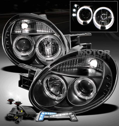 2003 2004 2005 dodge neon halo led black projector head light+blue drl+6000k hid