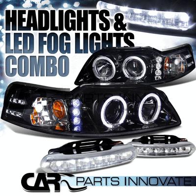 Glossy black 99-04 ford mustang halo projector headlights+6-led fog lamps