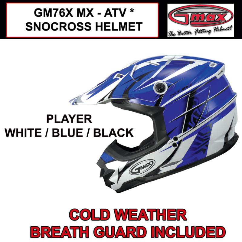 Gmax gm76x 2013 mx atv snocross helmet player blue (s,m,l,xl,2x,3x) nib