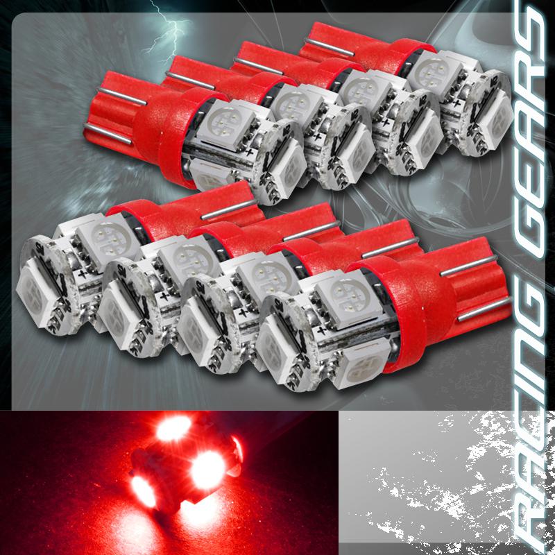 8x red smd 5 led 12v t10 wedge light bulb interior side marker / license plate