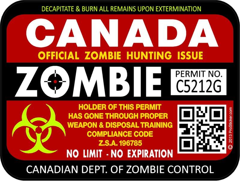 Canada zombie hunting license permit 3"x4" decal sticker outbreak red 