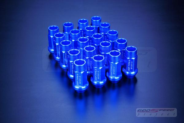 Gsp type-3 wheel rim racing lug nuts 50mm 20 piece m12 x 1.5 open end blue jdm