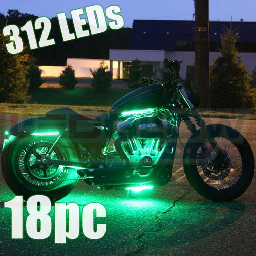 Green led motorcycle lighting neon glow kit w 18 flexible strips & 312 leds