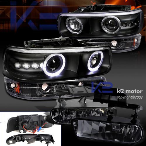 00-06 tahoe black bumper lamps+halo led projector headlights+smoke fog lamps