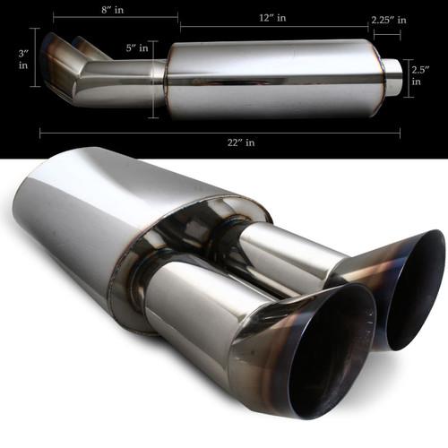 Universal dtm style stainless 2.5" inlet / 3" dual burnt tip muffler 