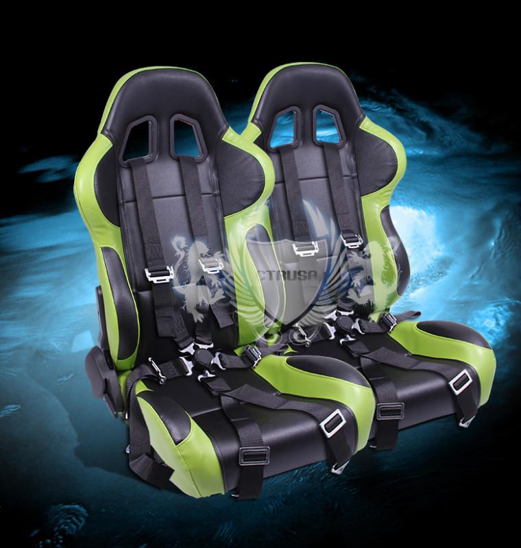 2x f1 reclinable black/green pvc turino sport racing seats+6-pt blk camlock belt