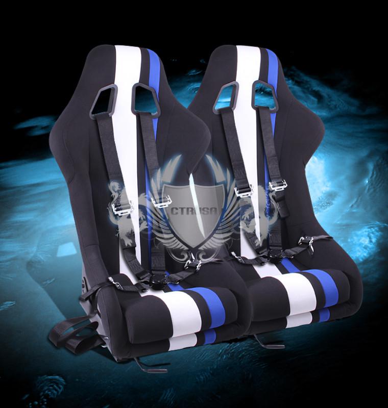 2x jdm black/white blue stripe fabric racing seat w/sliders+4-pt camlock belt