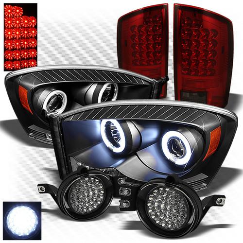 07-08 ram 1500, 07-09 2/3500 black headlights + r/s led tail lights + fog lights