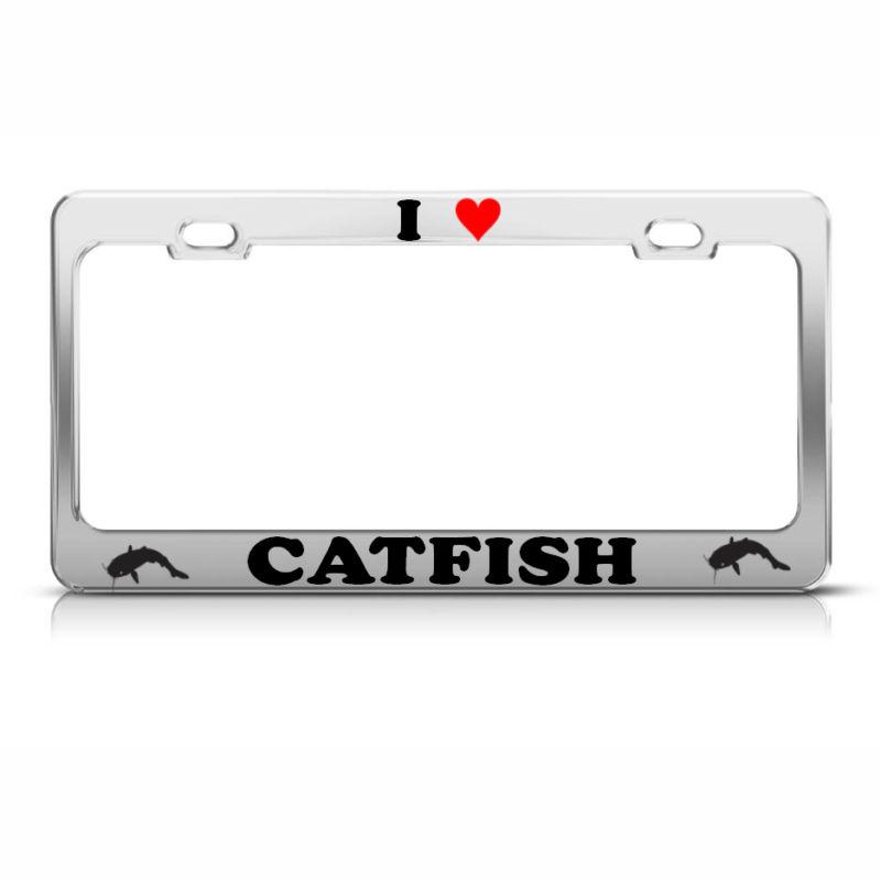 I love heart cat fish metal chrome licence plate frame animal lover tag border