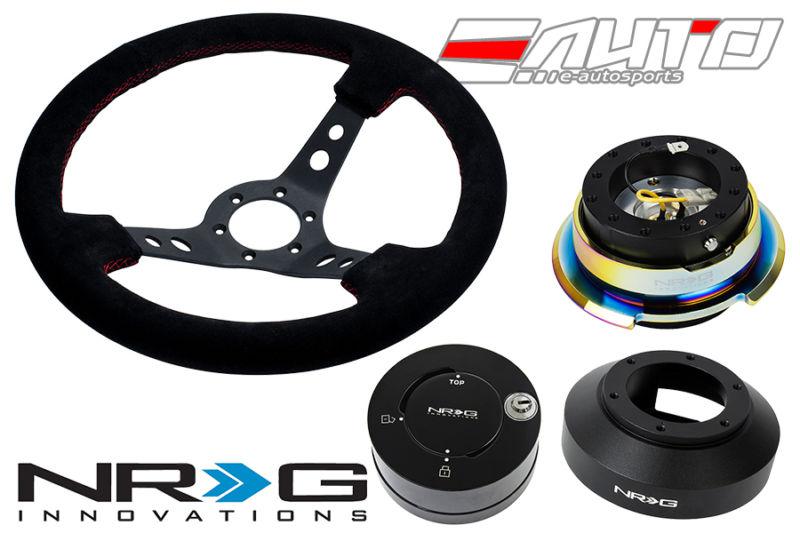 Nrg 350mm 3" deep steering wheel suede red st 141h hub 2.8 bkmc release lock lb