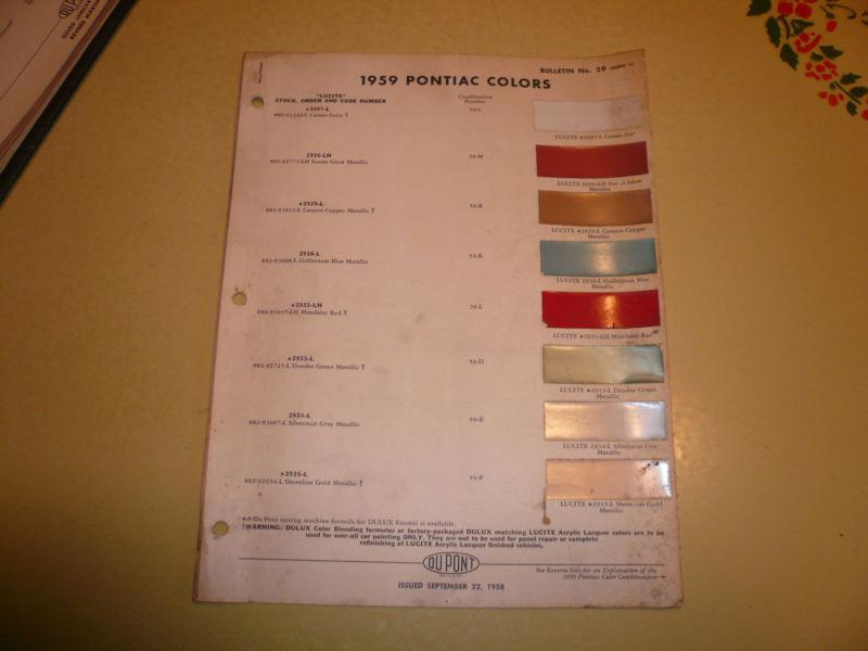 1959 pontiac dupont duco delux color chip paint sample - vintage