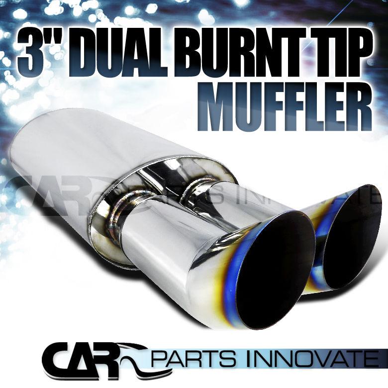 Dtm dual 3" rainbow burnt titanium slanted tip exhaust muffler s/s