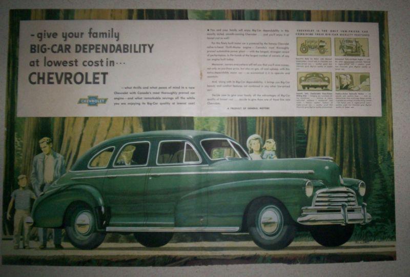 1947 chevrolet fleetmaster car in redwood tree forest print ad