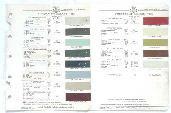 1953 chevrolet acme color paint chip chart all models original 