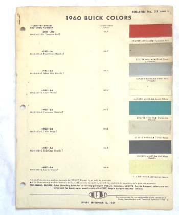 1960 buick dupont color paint chip chart all models original 