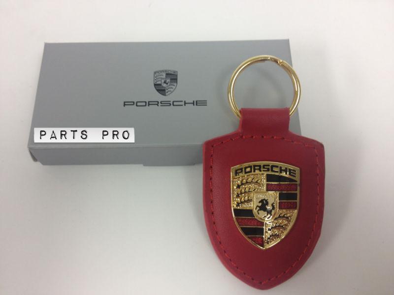 Genuine oem porsche red leather keychain with porsche crest