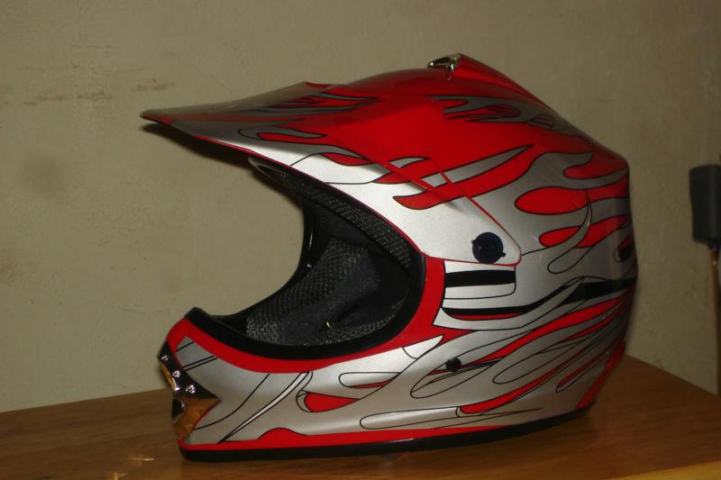 Youth medium dirt bike helmet red/ silver flames new