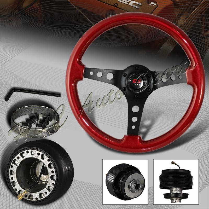 345mm 6 hole red wood grain deep dish steering wheel + acura honda hub combo
